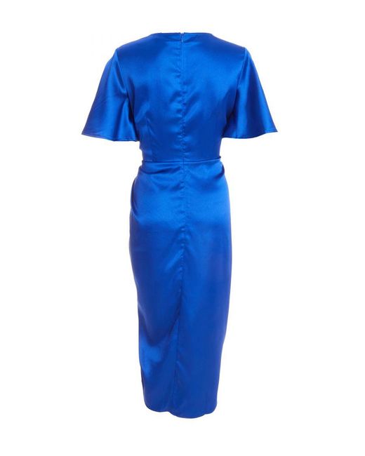 Quiz Blue Royal Satin Wrap Ruched Midi Dress