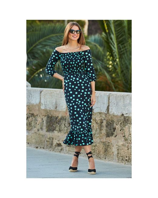 Sosandar Green Spot Print Shirred Waist Bardot Dress