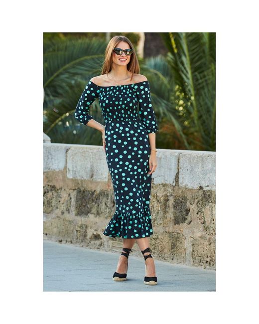 Sosandar Green Spot Print Shirred Waist Bardot Dress