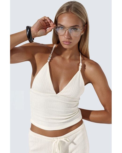 Busem White Fitted Halterneck Crop Blouse With Tie Detail