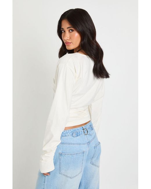 Boohoo Blue Ruched Drape Longe Sleeve Top