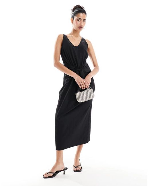 ASOS Black Scoop Neck Tie Front Midi Dress