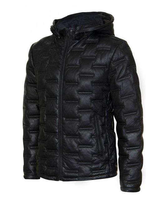 Infinity Leather Black Hooded Puffer Quilted Bomber Jacket for men