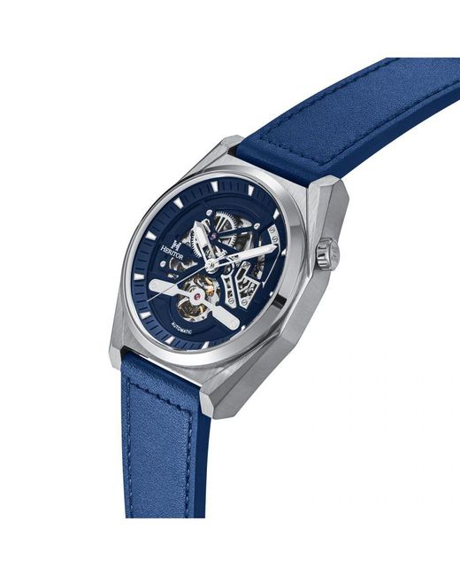 Heritor Blue Amadeus Semi-Skeleton Leather-Band Watch for men