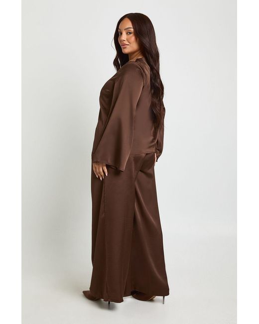 Boohoo Brown Plus Boat Neck Boxy Satin Top And Wide Leg Trousers