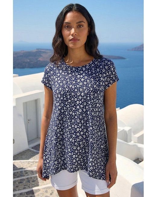 Roman Blue Floral Hanky Hem Tunic Top