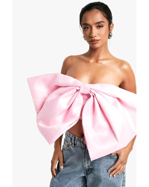 Boohoo Pink Petite Satin Bow Crop Top