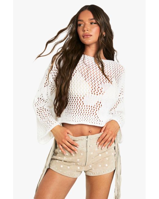 Boohoo White Crochet Floral Chunky Knit Top