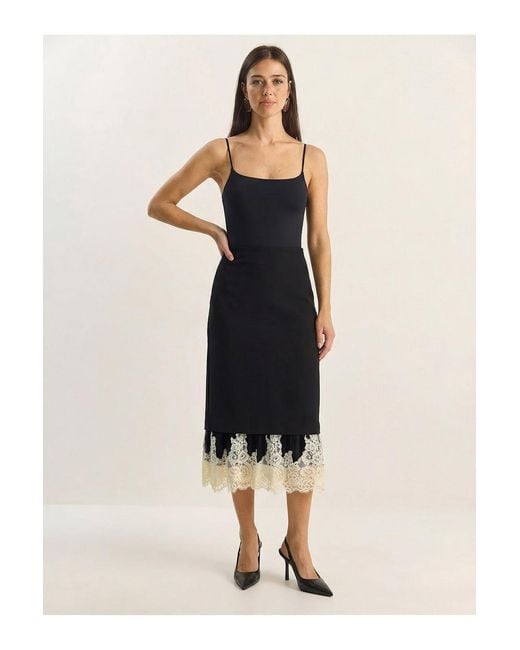 Bianco Lucci Black High Waist Midi Skirt With Lace Bottom