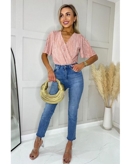 AX Paris Blue Champagne Wrap Top Butterfly Sleeve Plisse Bodysuit