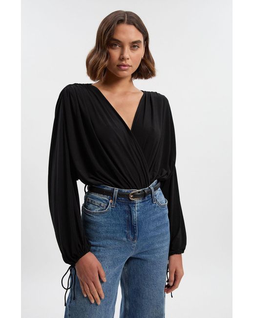 Karen Millen Black Stretch Drapey Crepe Ruched Plunge Neck Batwing Sleeve Bodysuit