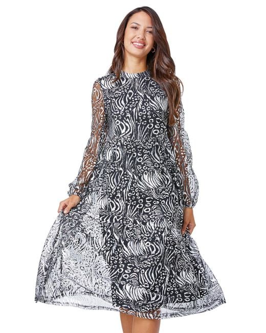 D.u.s.k Gray Metallic Animal Print Tiered Midi Dress