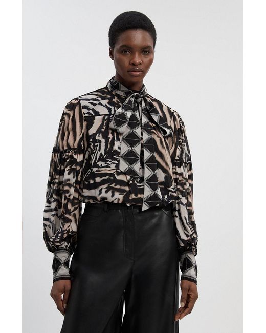 Karen Millen Black Print Viscose Georgette Balloon Sleeve Woven Blouse