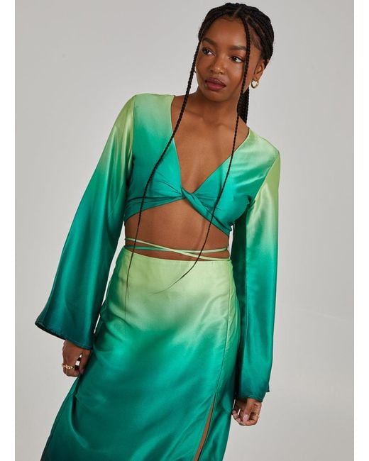 Pink Vanilla Green Twist Front Satin Long Sleeve Crop Top