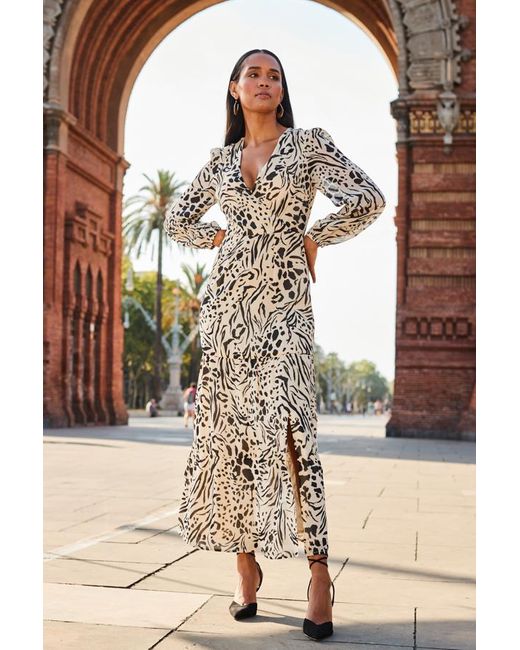 Sosandar Metallic Natural Animal Print Wrap Front Maxi Dress