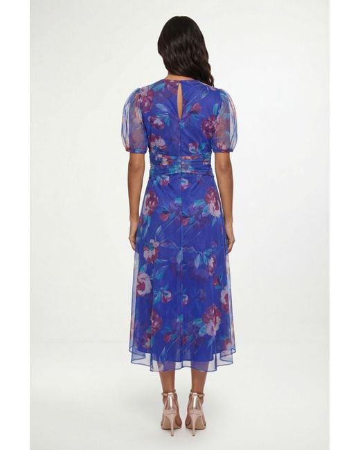 Wallis Blue Floral Mesh Pleated Midi Dress