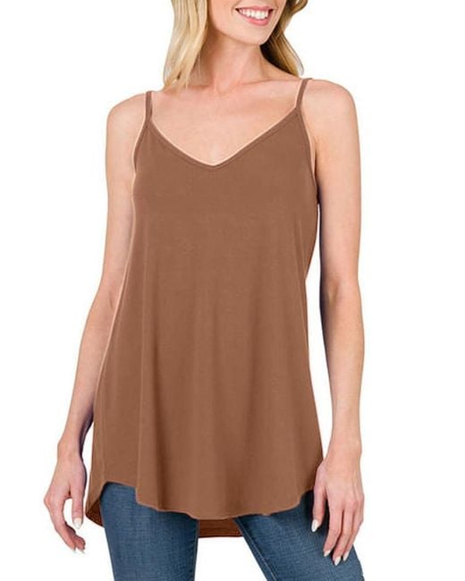 Azura Exchange Brown Spaghetti Strap V-Neck Flowy Tunic Tank Top