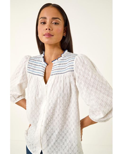 Roman White Petite Smock Buttoned Blouse