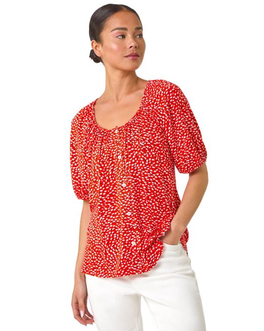 Roman Red Petite Ditsy Print Button Front Top