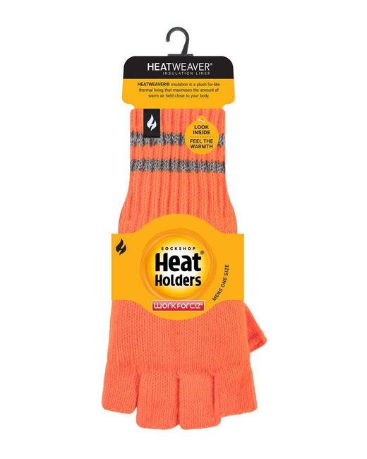 Heat Holders Orange Knitted Fingerless Reflective Gloves For Winter for men
