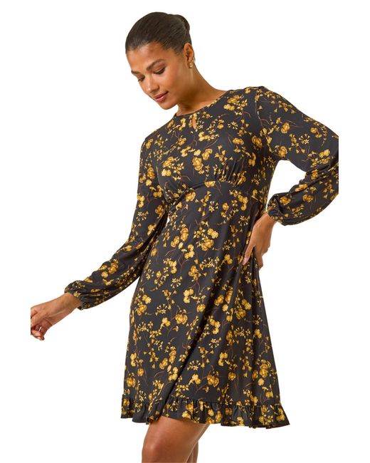 Roman Metallic Floral Print Frill Stretch Dress
