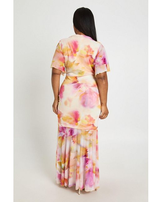 Boohoo Red Plus Floral Mesh Ruched Angel Sleeve Maxi Dress