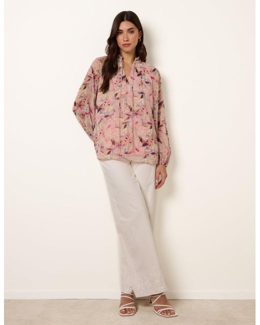 Blue Vanilla Pink Watercolour Floral Printed Tie Front Blouse