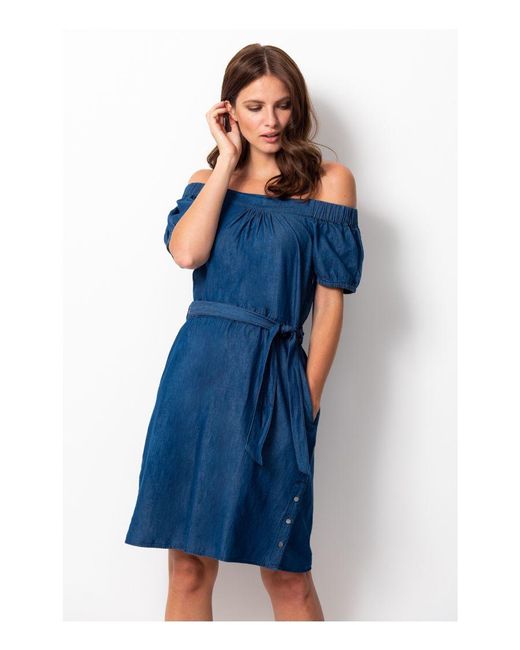 Sosandar Blue Denim Bardot Dress With Pockets
