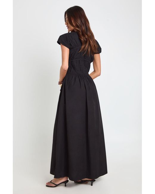 Boohoo Black Linen Puff Sleeve Shirred Maxi Dress