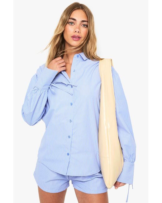 Boohoo Blue Stripe Tie Cuff Shirt & Short Co-Ord