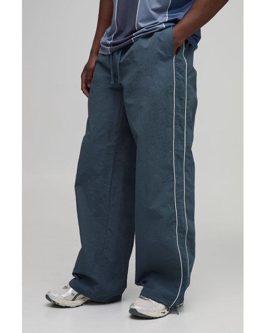 BoohooMAN Blue Tall Parachute Fit Nylon Piping Detail Trousers for men