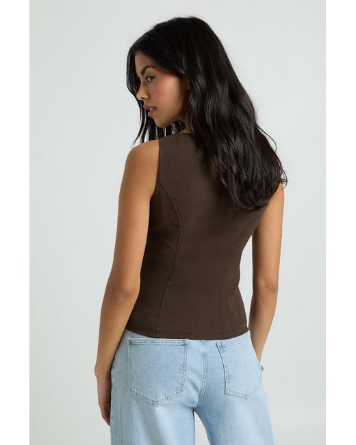 Boohoo Brown Twill Square Neck Peplum Top