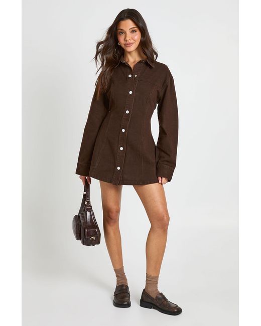 Boohoo Brown Long Sleeve Cinched Waist Denim Dress