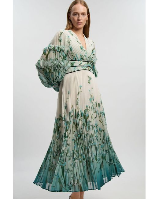 Karen Millen Green Ombre Crinkle V Neck Georgette Draped Woven Maxi Dress