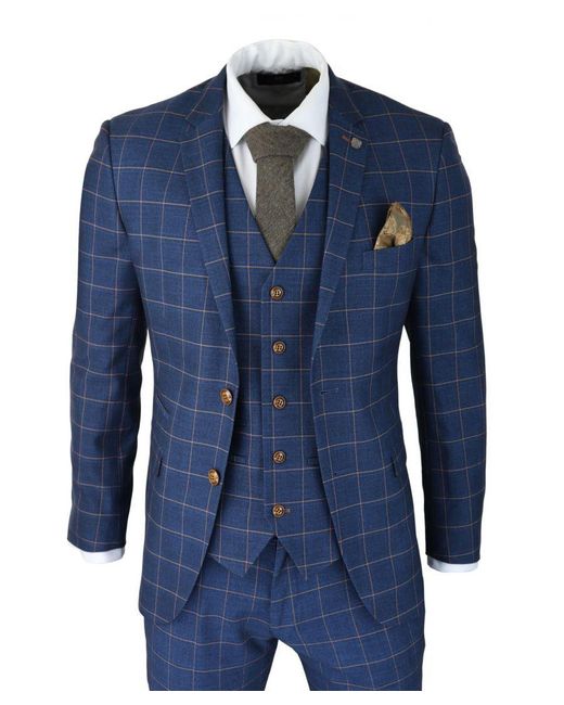 Paul Andrew Blue 3 Piece Suit Check Peaky Blinders 1920 Gatsby Smart Vintage for men