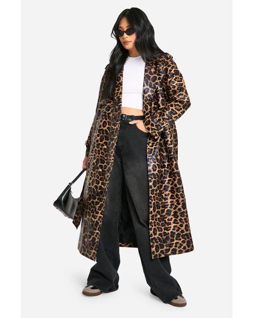 Boohoo Black Petite Leopard Faux Leather Trench Coat