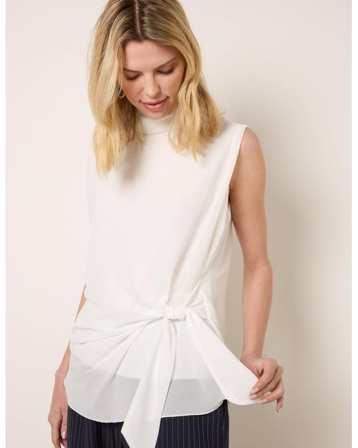 Blue Vanilla White Sleeveless Cowl Tie Front Chiffon Blouse