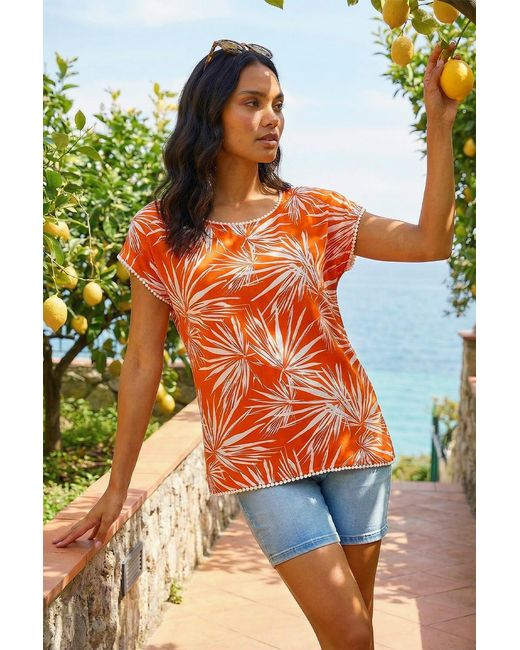 Roman Orange Leaf Print Bobble Trim Top