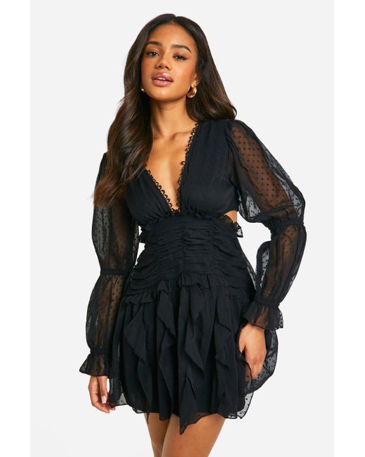 Boohoo Black Dobby Ruffle Cut Out Mini Dress