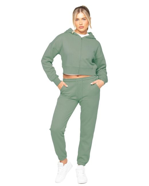 Enzo Green Damen Crop Zip Hoodie Tracksuit Set
