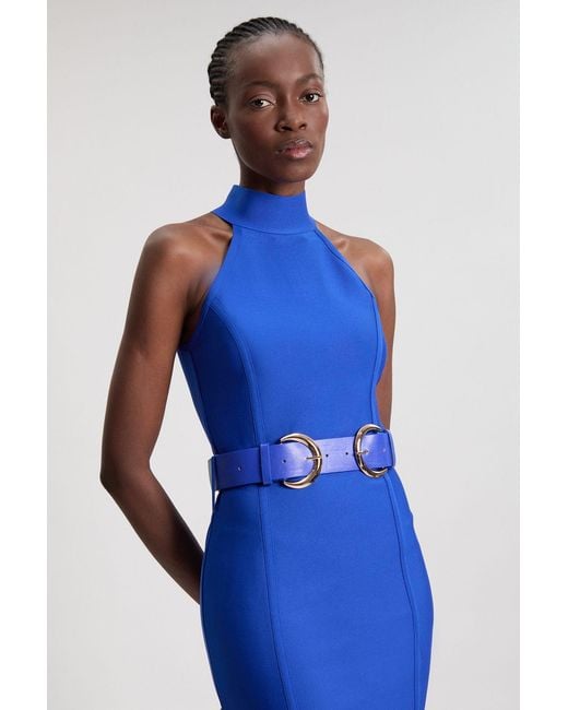 Karen Millen Blue Bandage High Neck Buckle Trim Midi Dress