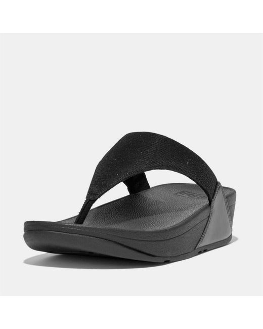 Fitflop Black Lulu Shimmerlux Toe-Post Sandals Glitz Mesh Polyester Faux Leather Pu