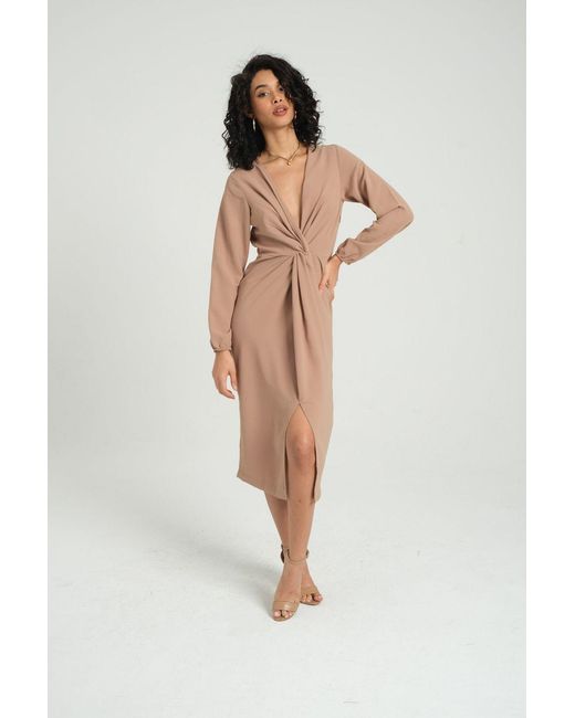 Hiccup Natural V Neck Long Sleeve Midi Dress With A Pleated Front