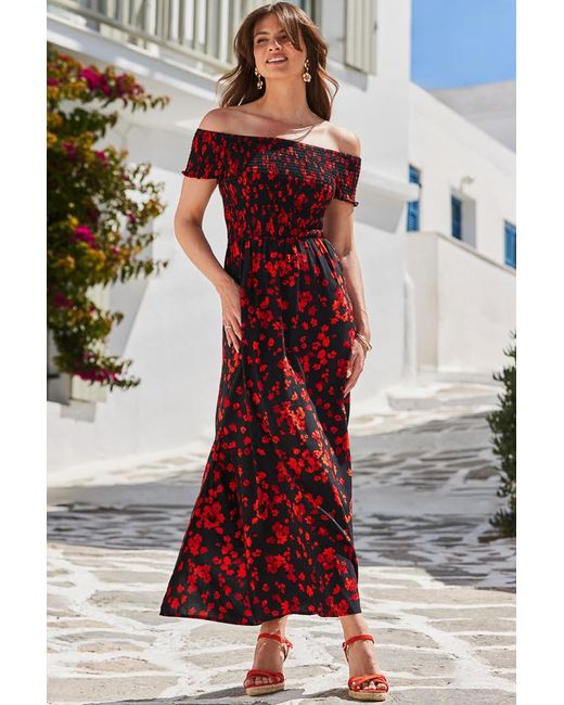 Sosandar Black Floral Print Shirred Body Bardot Maxi Dress