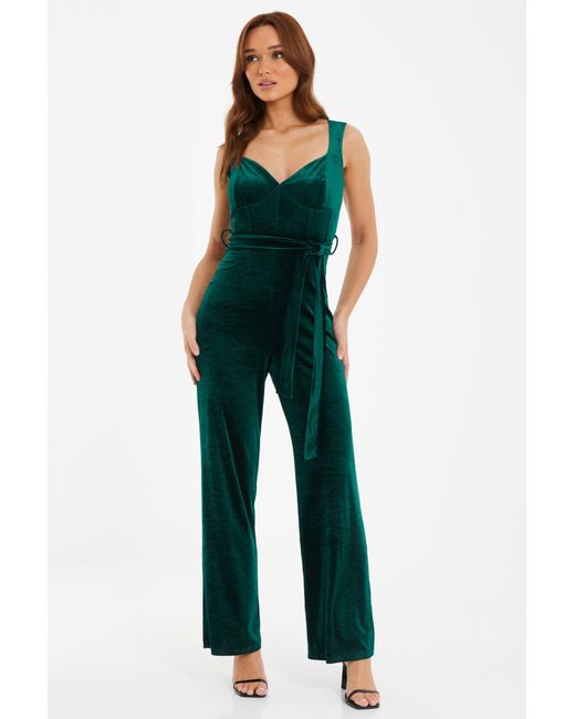 Quiz Green Bottle Velvet Palazzo Jumpsuit