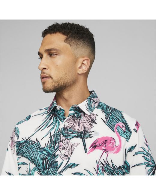 PUMA White X Palm Tree Crew Button Down Golf Shirt for men