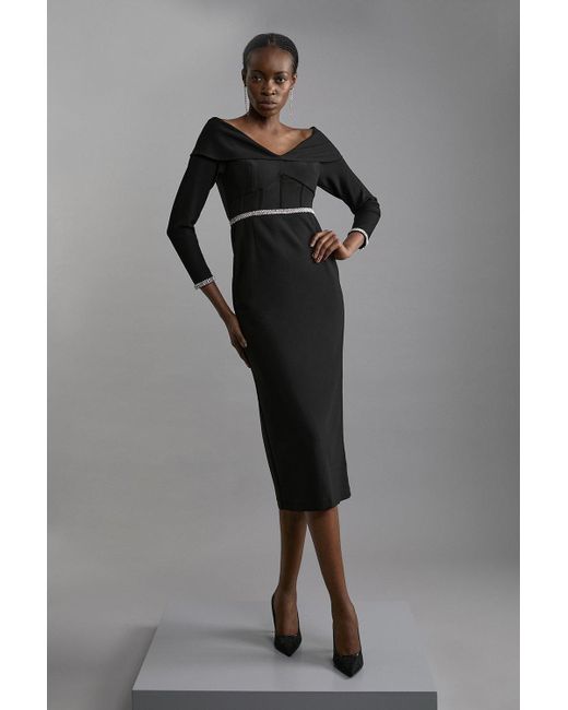 Karen Millen Gray Figure Form Diamante Trim And Power Mesh Midi Dress