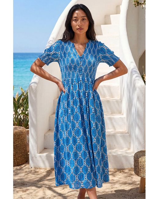 Roman Blue Petite Print Button Front Midi Dress