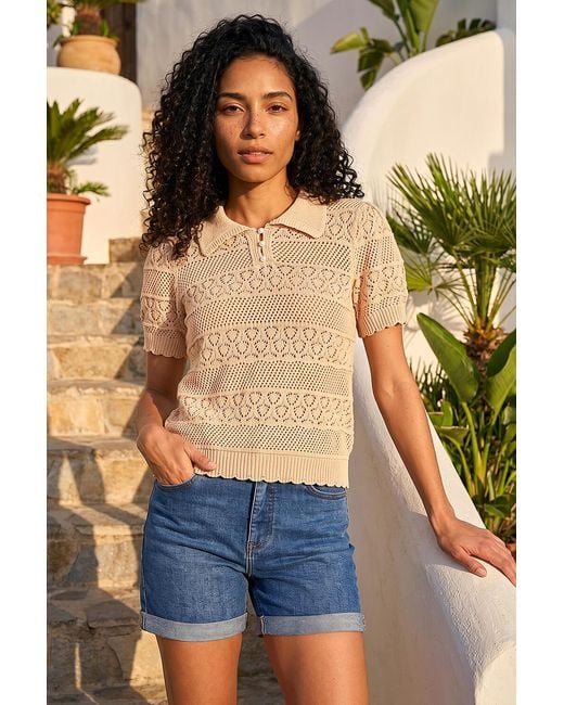 Roman Blue Pointelle Collar Knit Top