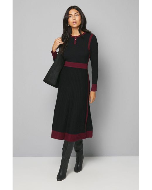 Wallis Black Fit And Flare Button Neck Knitted Dress